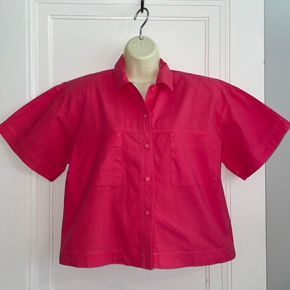 Vintage 80s Catch One bright pink cotton cropped‎ cotton short sleeve shirt